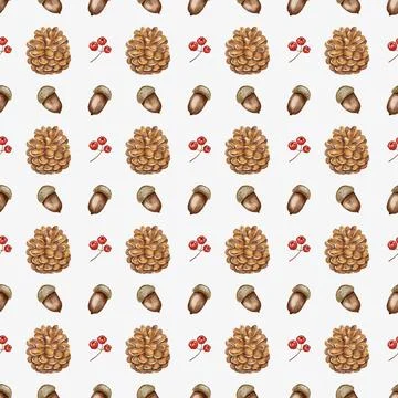 Autumn-inspired watercolor pattern featuring pinecones, acorns, and berries.. Stock Illustration