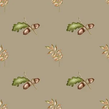 Autumn inspired watercolor pattern featuring acorns and leaves for fabric d.. Stock Illustration