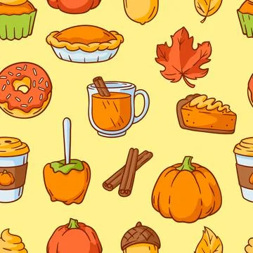 Autumn items and food pattern. Happy Thanksgiving Day and Halloween tradition Stock Illustration