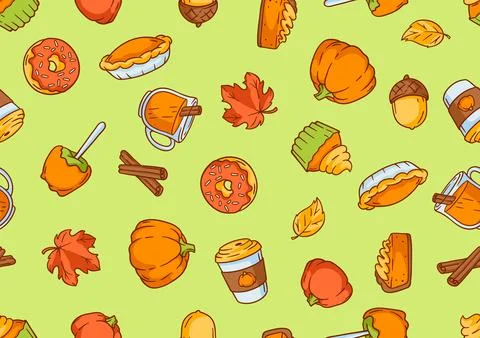 Autumn items and food pattern. Happy Thanksgiving Day and Halloween tradition Stock Illustration