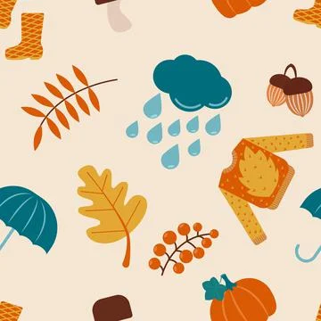 Autumn items seamless pattern: sweater, umbrella, mushroom, leaves, rain drop Stock Illustration