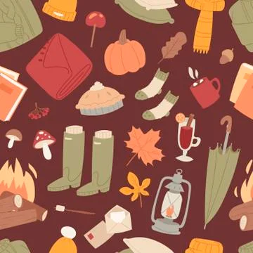 Autumn items seamless pattern texture vector illustration with rubber boots Stock Illustration