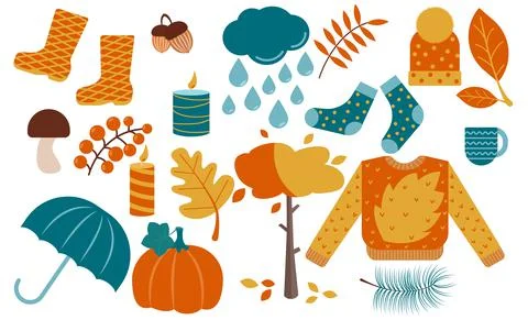Autumn items set: leaves, pumpkin, sweater, candles and other. Fall season el Stock Illustration