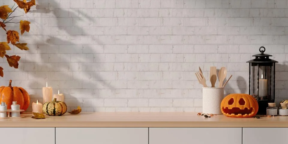 Autumn Kitchen Decor with Jack-O-Lantern and Lantern 3D Render Stock Illustration