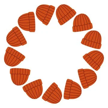 Autumn knitted red hat circle frame. Round border made of doodle hand drawn fall Stock Illustration