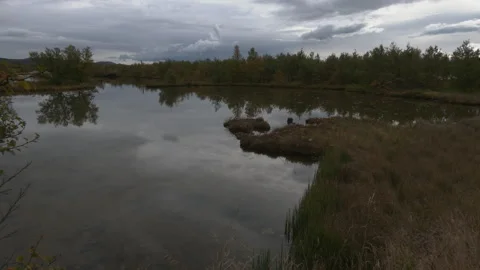 Autumn lake setting Vídeo Stock 345938107