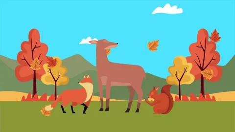Autumn landscape animation featuring forest animals with falling leaves and.. Stock-Footage 333607976