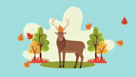 Autumn landscape animation featuring standing deer and falling orange leave.. Vídeos de archivo 334533904