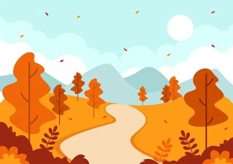 Autumn Landscape Background Vector Illustration with Mountains, Fields, Tre.. イラスト素材
