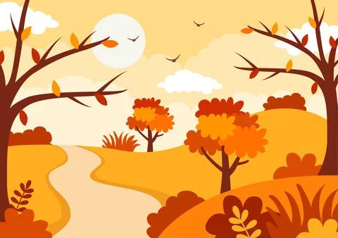 Autumn Landscape Background Vector Illustration with Mountains, Fields, Tre.. イラスト素材