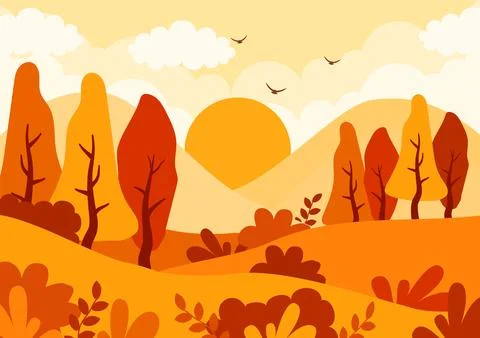 Autumn Landscape Background Vector Illustration with Mountains, Fields, Tre.. 스톡 일러스트