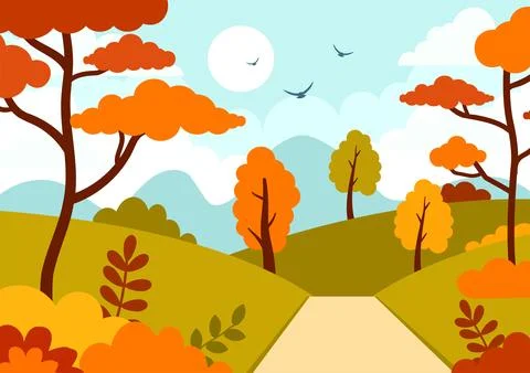 Autumn Landscape Background Vector Illustration with Mountains, Fields, Tre.. イラスト素材