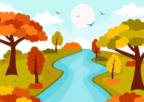 Autumn Landscape Background Vector Illustration with Mountains, Fields, Tre.. イラスト素材