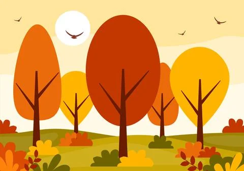 Autumn Landscape Background Vector Illustration with Mountains, Fields, Tre.. イラスト素材