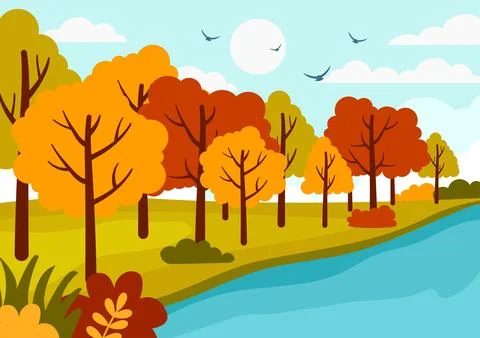 Autumn Landscape Background Vector Illustration with Mountains, Fields, Tre.. イラスト素材