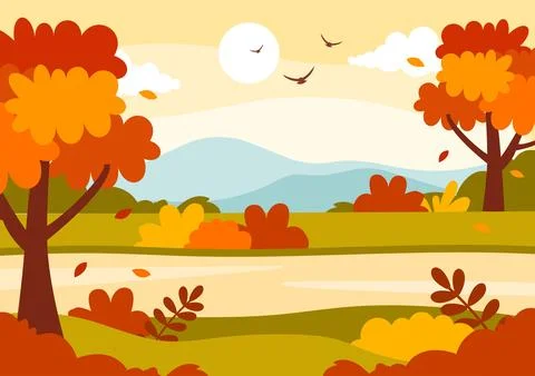 Autumn Landscape Background Vector Illustration with Mountains, Fields, Tre.. イラスト素材