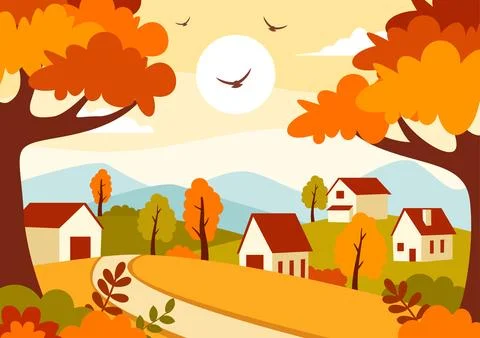 Autumn Landscape Background Vector Illustration with Mountains, Fields, Tre.. イラスト素材