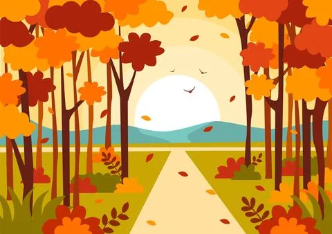 Autumn Landscape Background Vector Illustration with Mountains, Fields, Tre.. イラスト素材