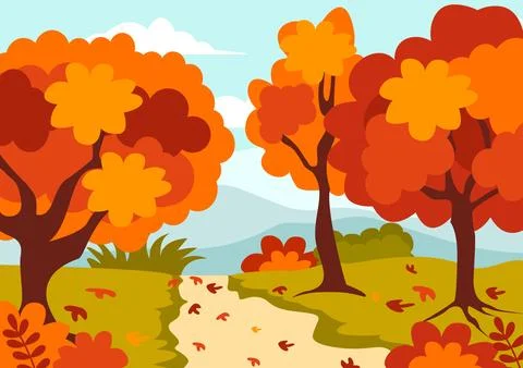 Autumn Landscape Background Vector Illustration with Mountains, Fields, Tre.. イラスト素材