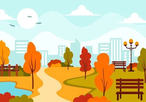 Autumn Landscape Background Vector Illustration with Mountains, Fields, Tre.. イラスト素材