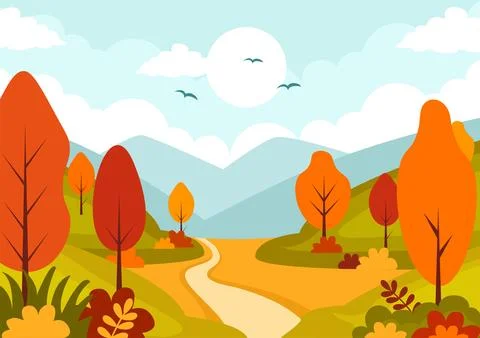 Autumn Landscape Background Vector Illustration with Mountains, Fields, Tre.. イラスト素材