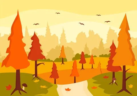 Autumn Landscape Background Vector Illustration with Mountains, Fields, Tre.. イラスト素材