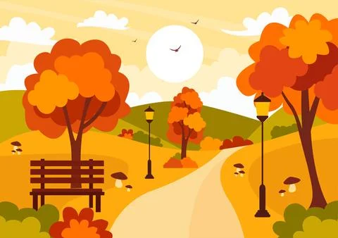 Autumn Landscape Background Vector Illustration with Mountains, Fields, Tre.. 스톡 일러스트