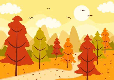 Autumn Landscape Background Vector Illustration with Mountains, Fields, Tre.. イラスト素材