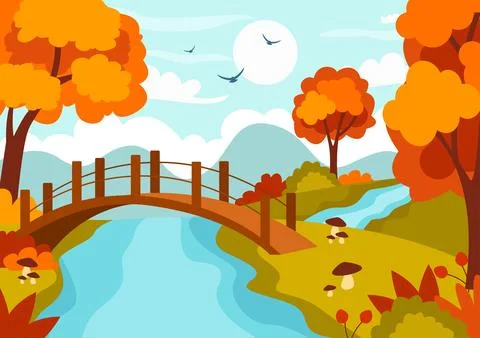Autumn Landscape Background Vector Illustration with Mountains, Fields, Tre.. イラスト素材