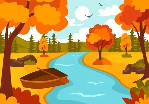 Autumn Landscape Background Vector Illustration with Mountains, Fields, Tre.. イラスト素材