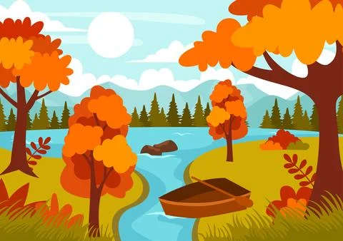 Autumn Landscape Background Vector Illustration with Mountains, Fields, Tre.. イラスト素材