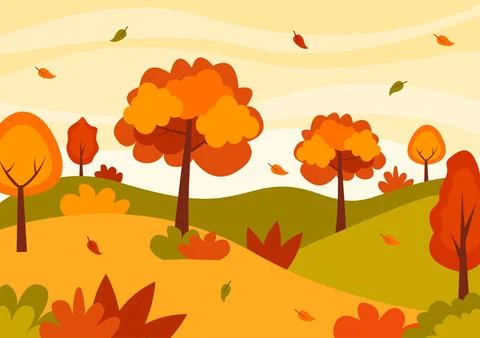 Autumn Landscape Background Vector Illustration with Mountains, Fields, Tre.. イラスト素材