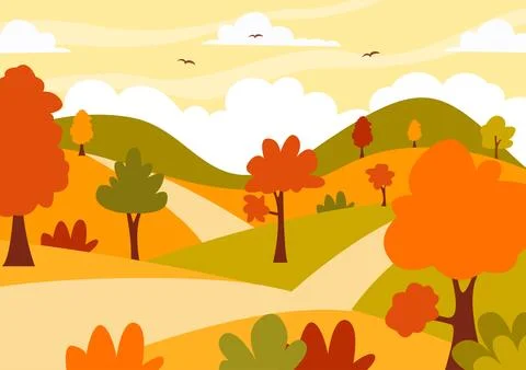 Autumn Landscape Background Vector Illustration with Mountains, Fields, Tre.. イラスト素材