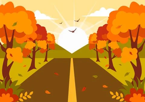 Autumn Landscape Background Vector Illustration with Mountains, Fields, Tre.. イラスト素材
