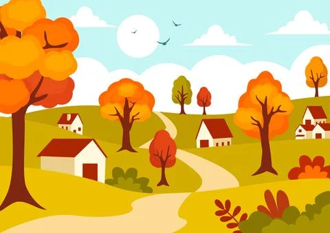 Autumn Landscape Background Vector Illustration with Mountains, Fields, Tre.. イラスト素材