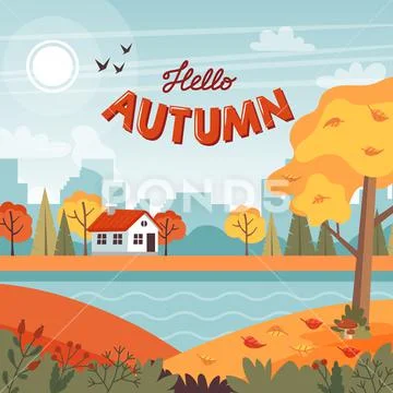 Autumn landscape with cute house and lettering. Vector illustration in flat Stock Illustrationen