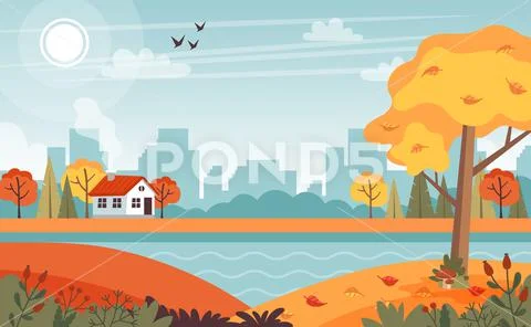 Autumn landscape with cute house. Stock Illustrationen