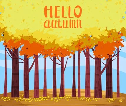 Autumn landscape, fall trees with yellow leaves, lonely bench Stock Illustration