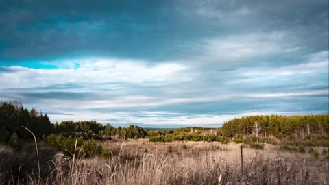 Autumn landscape of fields and forests, time-lapse cloudy skies Stock Footage 220208289