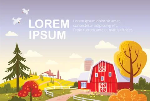 Autumn landscape with fields and red barn. Ilustración de archivo
