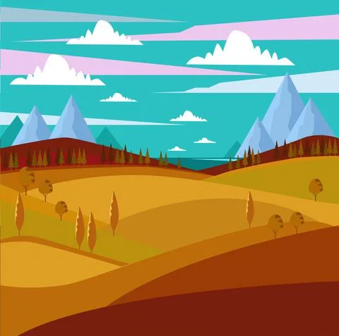 Autumn landscape. Fields, mountains, trees, a pond. Stock Illustration