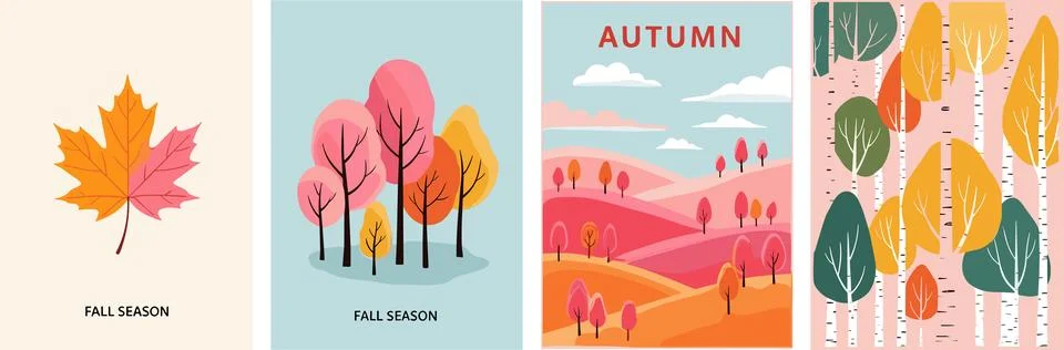 Autumn Landscape with Flat Vector Trees and Falling Leaves Seasonal Nature .. Stockillustratie