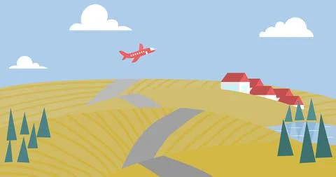 Autumn landscape with gold fields,. lake, and red plane vector illustration. Stock Illustration