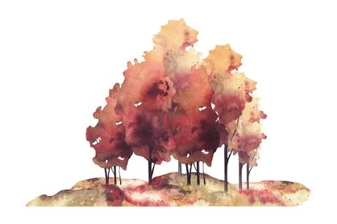 Autumn landscape with group of deciduous trees on rolling countryside. Realistic Stock Illustration