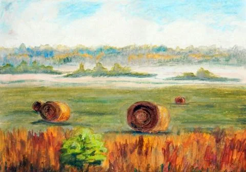 Autumn landscape with haystacks, dry grass and a forest in the mist in the bl イラスト素材