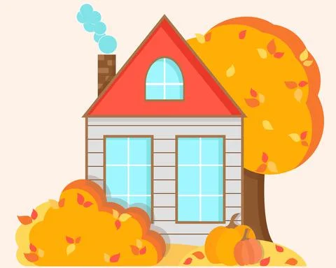 Autumn landscape with a house, tree, bushes and leaves. Vector illustration Stock Illustration
