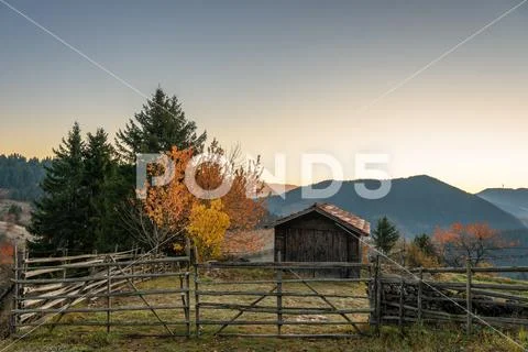 Autumn landscape. Misty sunrise in Rodopi, Bulgaria. Stock Photos