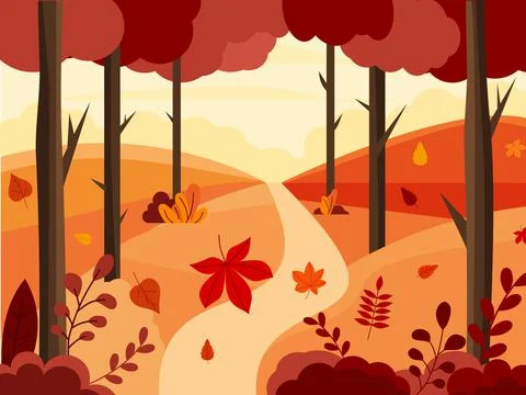 Autumn landscape path in the forest. Vector illustration in flat style Stock Illustration