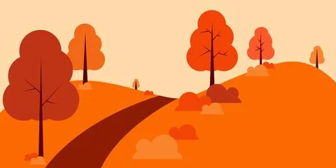 Autumn landscape with a path through the mountains and yellow and orange trees Stock Illustration