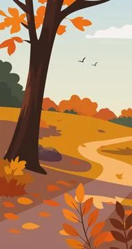 Autumn landscape with path, trees and falling leaves. Ilustração Stock